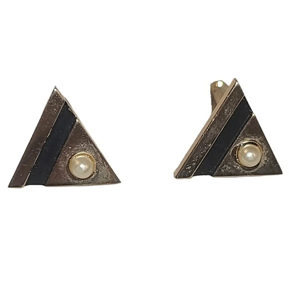 Vintage Gold Tone Faux Pearls‎ Black Enamel Men's Triangle Cufflinks Unsigned